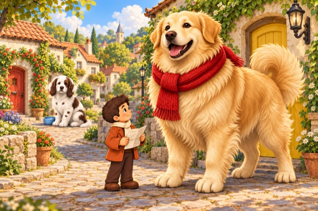 An enormous red-scarf dog meets the tiny visitor carrying directions; another big dog waits down the lane.